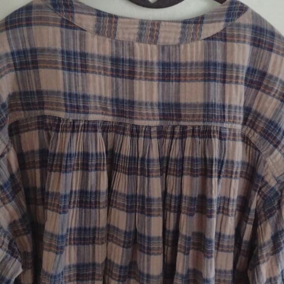 Free People Jessi Plaid Top Grey Combo Balloon Sleeves Oversized Size XS Cotton - Picture 13 of 15